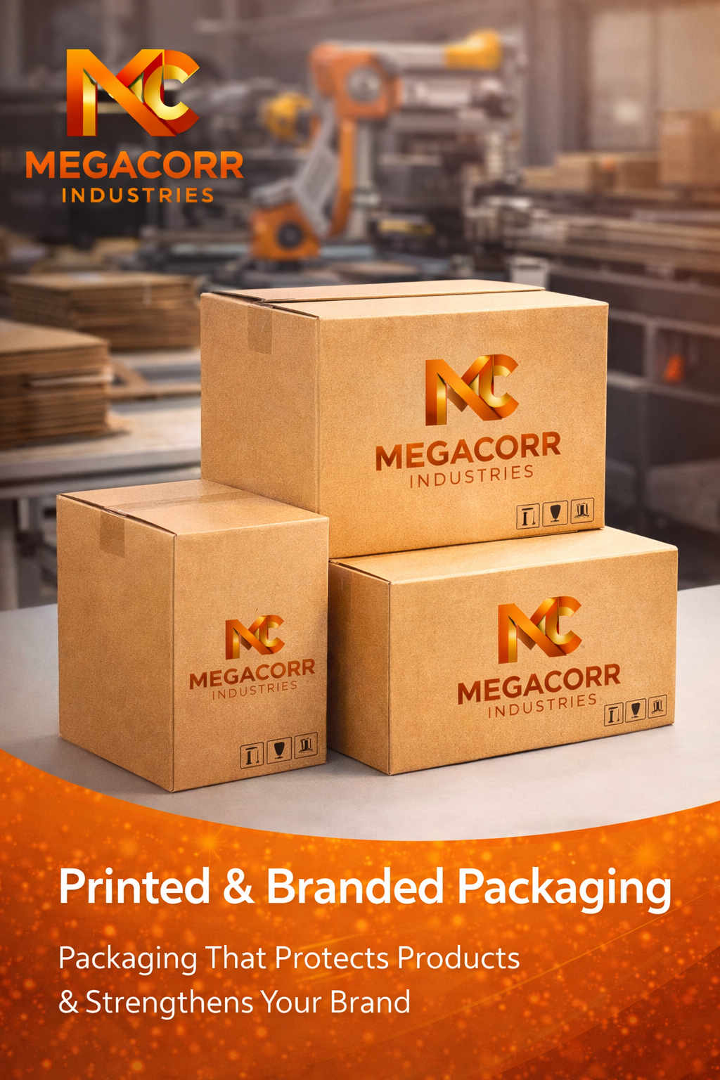 Printed and branded corrugated packaging boxes manufactured by Megacorr Industries, showcasing high-quality logo printing and durable packaging in an automated facility.